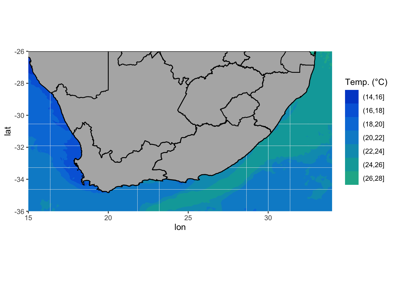 Ocean temperatures (°C) around South Africa.
