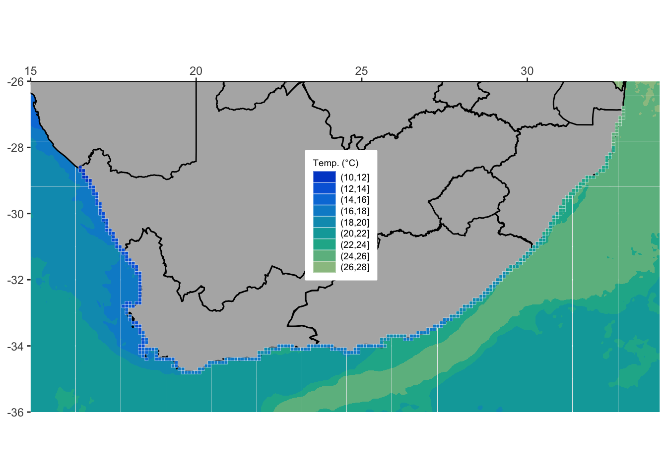 The cleaned up map of South Africa. Resplendent with coastal and ocean temperatures (°C).