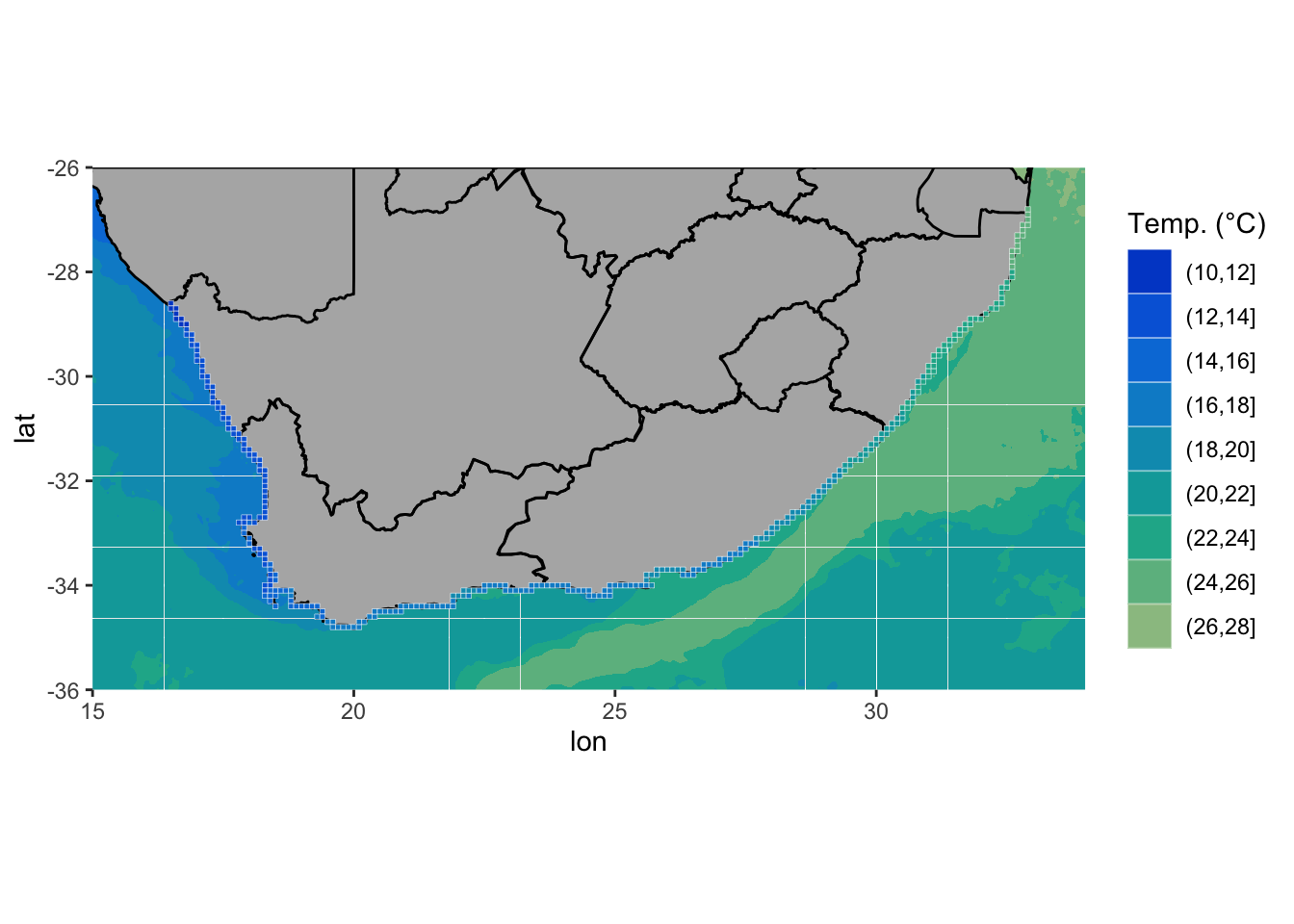 Map of South Africa showing *in situ* temeperatures (°C) as pixels along the coast.