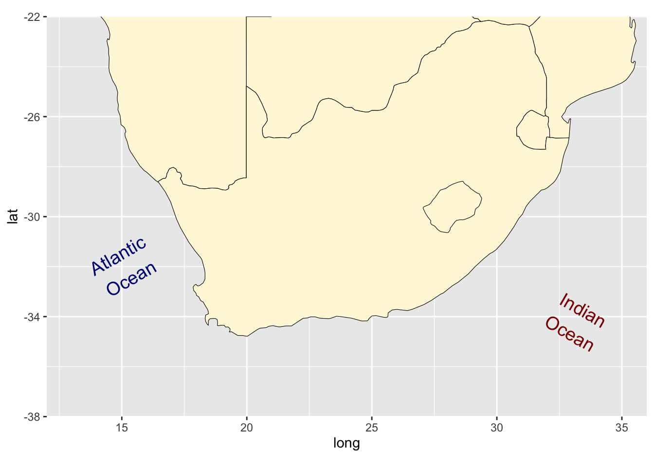 Map of southern Africa with specific labels.