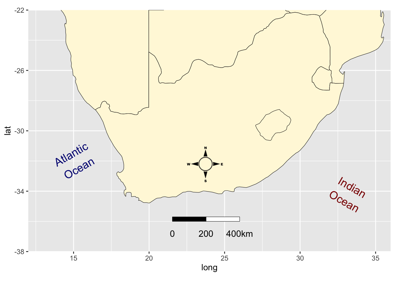 Map of southern Africa with labels and a scale bar.