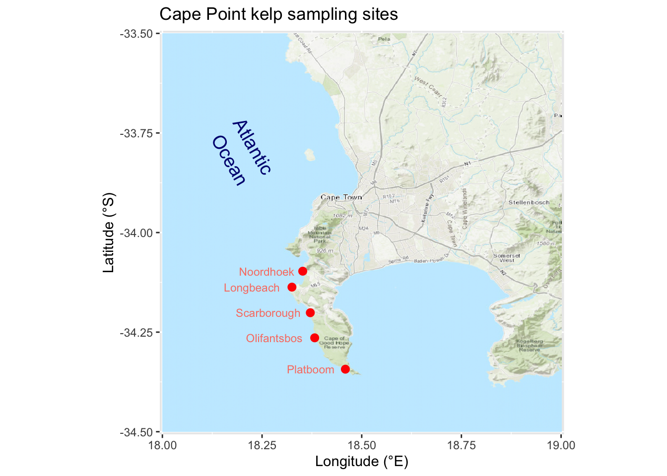 Google map of Cape Point with site points labeled