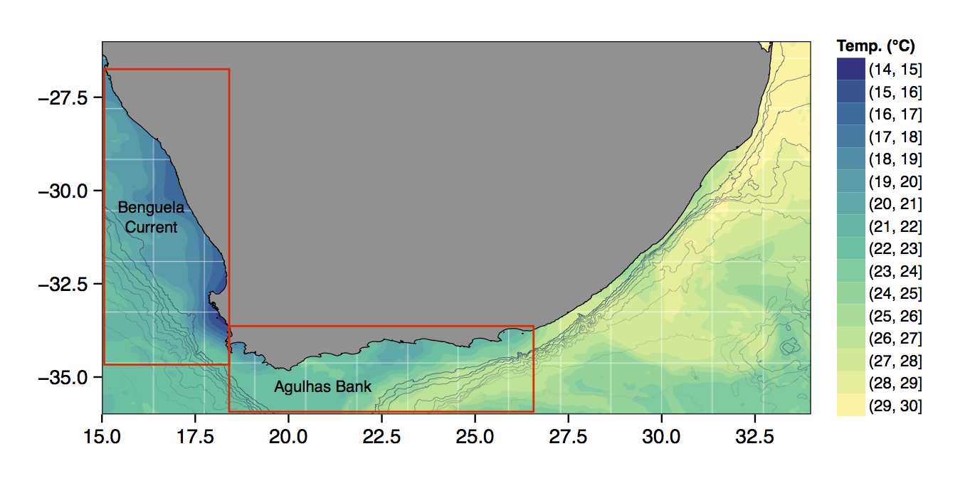 The bathymetry of South Africa with SSTs from the MUR product.