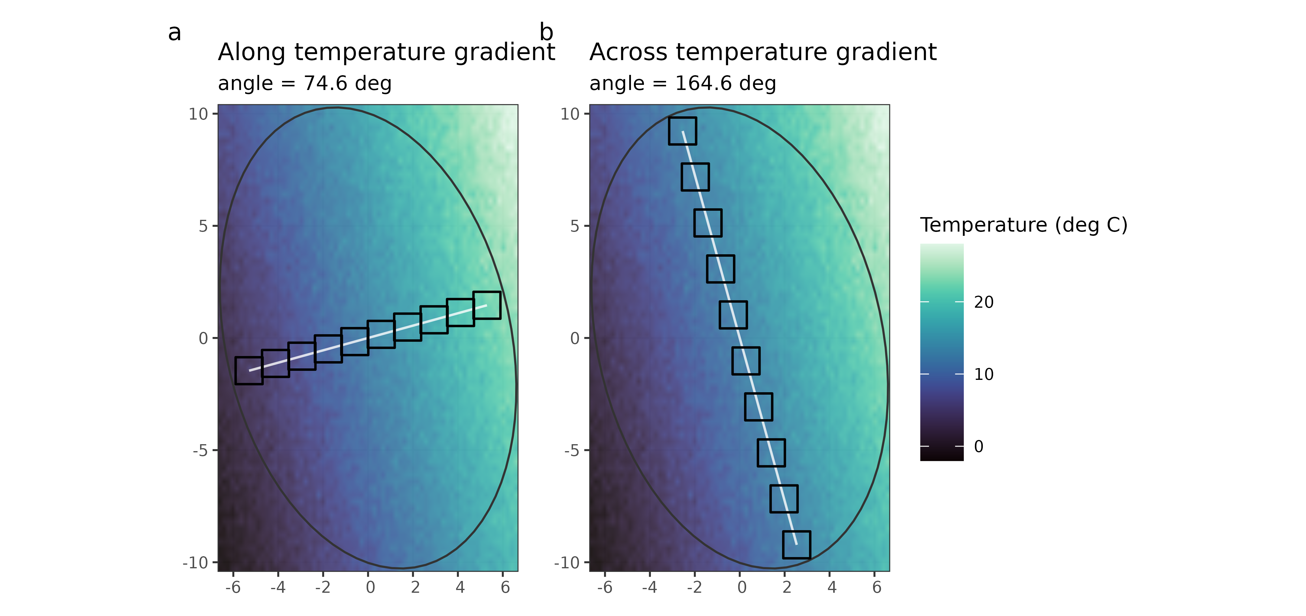 Figure 1. Quadrat placement over the temperature surface: (a) along-gradient transect, (b) across-gradient transect.